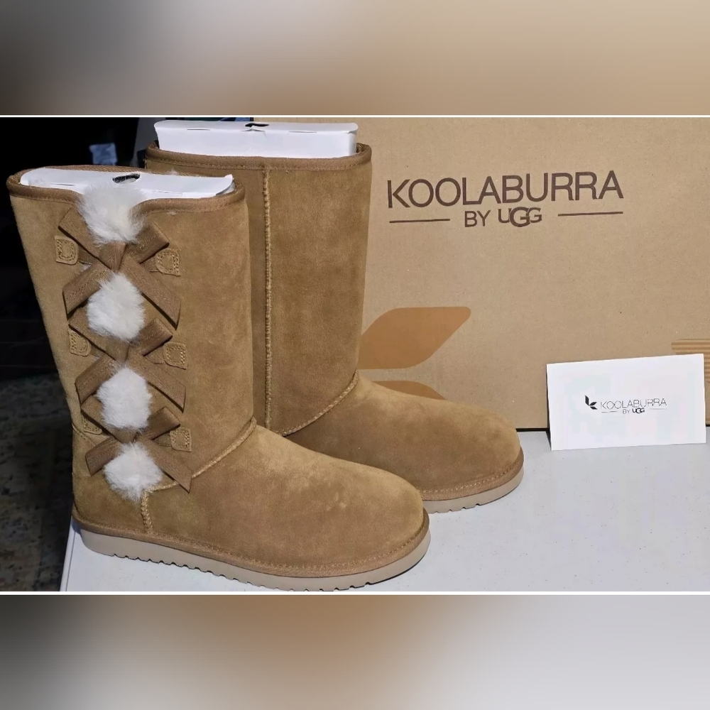 Koolaburra by UGG Victoria Tall Brwn Suede Fur Baby Bows Boots Womens Size 9 NIB